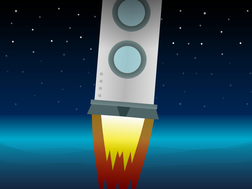 Ilustracja lecącej rakiety. W tle widać górne warstwy atmosfery.