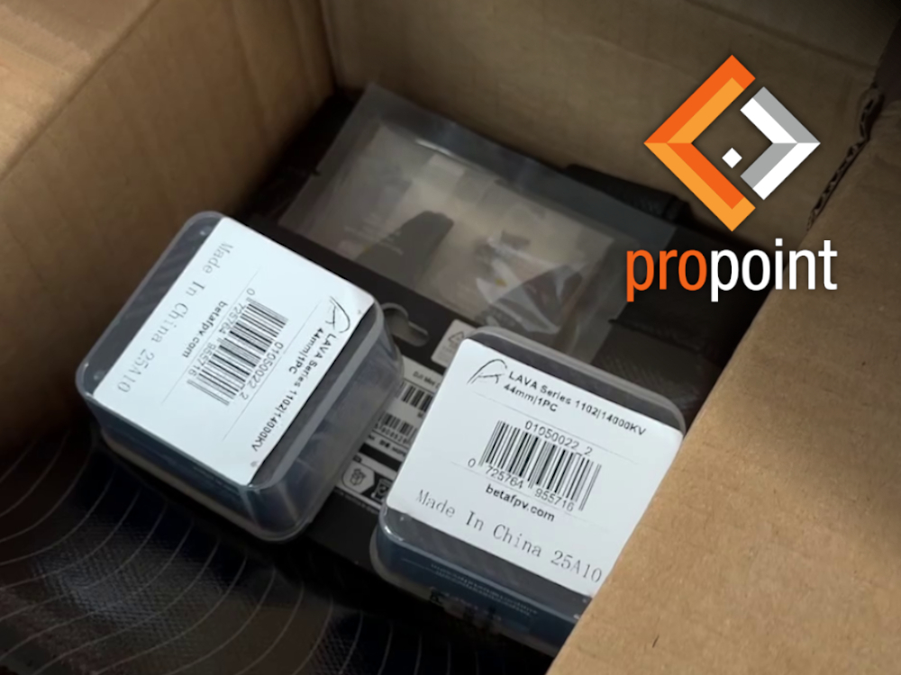 Zdjęcie paczki z zamówionymi komponentami. W rogu znajduje się logo spółki PROPOINT.